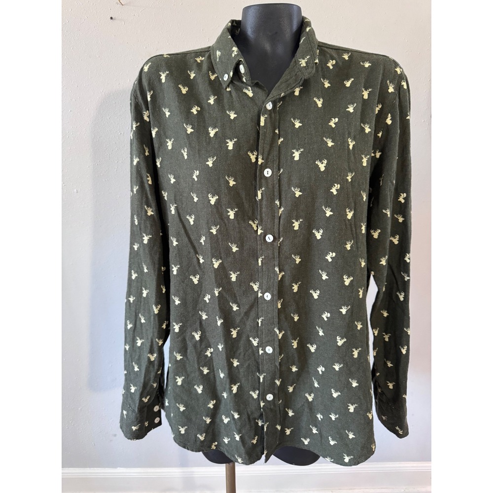 Arizona Jean Co Mens sz L Flannel Shirt Olive Green Deer Head Print Rustic